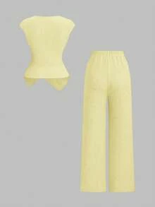 Sweetra 2pcs Autumn Minimalist Commuter Knit Textured Comfortable Casual Metal Buckle Decor Lady Set - Yellow - View 2