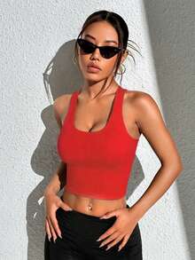 Easithlete Top corto deportivo de unicolor con sujetador incorporado y camisa ajustada tipo conjunto de aeropuerto, sujetador deportivo con tirantes push up, sujetador deportivo sin espalda, tirantes de sujetador deportivo para entrenamiento - Rojo - Ver 5