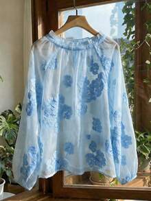 Airaco Women's Floral Embroidery Raglan Sleeve Single-Breasted Shirt - Baby Blue - View 2