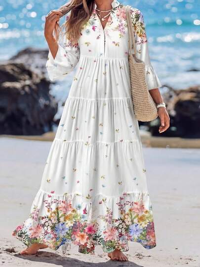 Sylviya 女士V领褶皱长袖连衣裙，适合秋冬季节穿着，波西米亚风休闲连衣裙，适合夏季穿着。