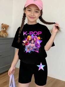 2pcs/Set Tween Girls Casual K-POP Cartoon Girl Pentagram Color Block Short Sleeve Crew Neck T-Shirt And Matching Shorts Set, Comfortable Knit Outfit For Girls Daily Vacation, Purple T-Shirt Set - Pink - View 3
