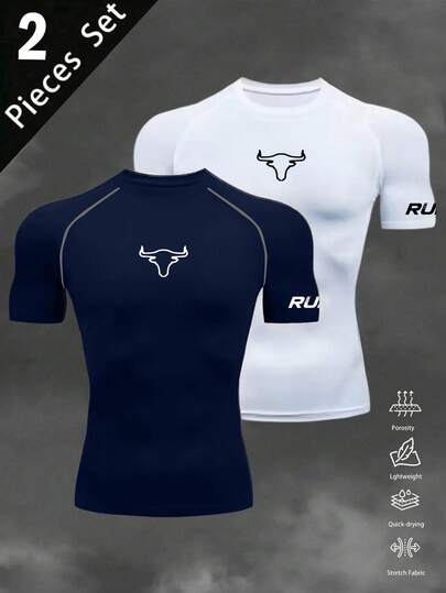 Manfinity Sport Corelite Camiseta deportiva de ajuste ceñido con estampado de cabeza de toro y letras para hombre