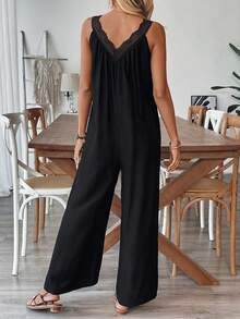 Breezaya 女式无袖 V 领花卉印花连体裤，度假风格 - 黑色 - 查看 3