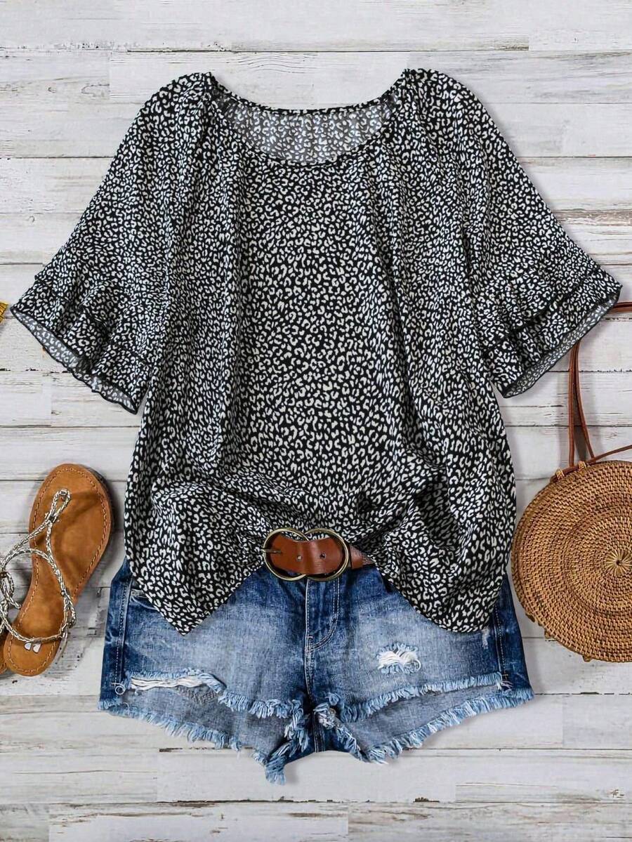 Linhara Plus Size Casual Leopard Print Shirt - Black - View 1