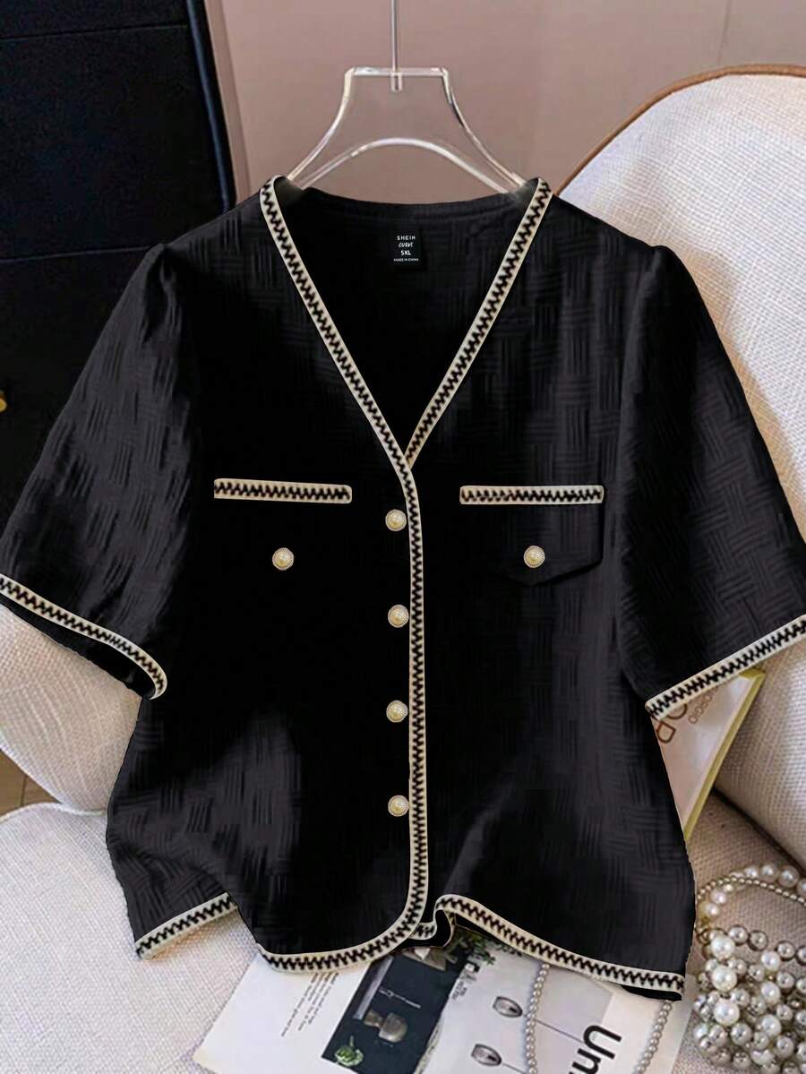 GlowEve CURVE Áo sơ mi dệt thanh lịch mùa hè dành cho nữ cỡ lớn - màu đen - Xem 1