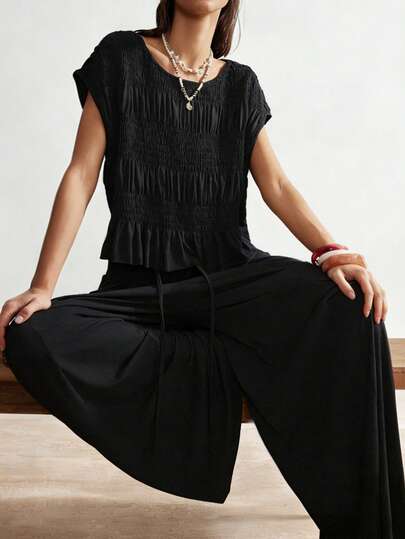 SoleilVie California Coastline Getaway | Black Textured Pleated Top + Relaxed Wide-Leg Pants Set, Casual Resort Wear Ruffle Pants Black Jumpsuit Women Dressy Pants And Top Set Summer Pants Sets For Women Pleated Pants For Women Blouse For Women Casual Modern Women S Cotton Tops Blouses And Tops For Woman Short Tops For Women Linen Tops For Women