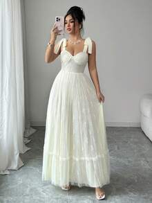 Elenzga 女士吊带系带收腰A字优雅浪漫精致蕾丝连衣裙 - 杏色 - 查看 3