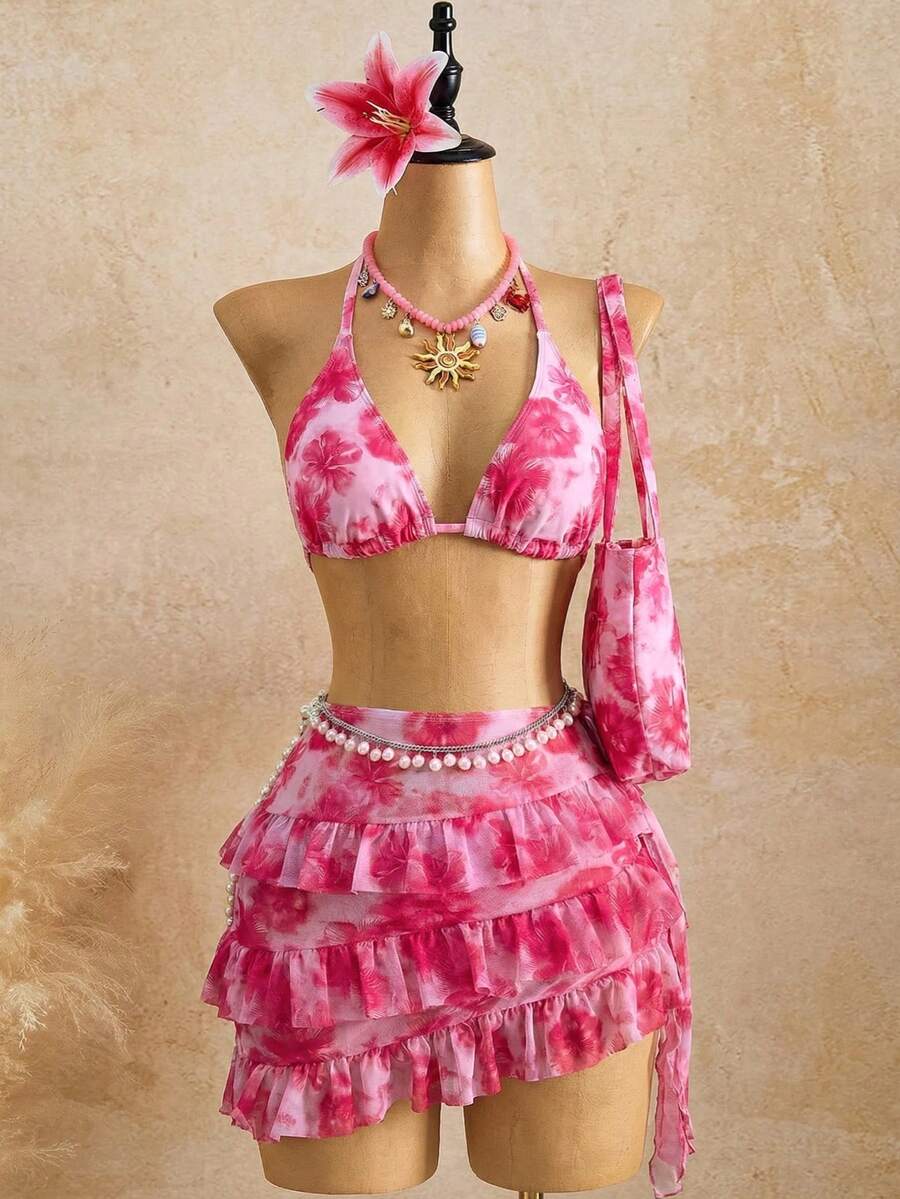 Swim Vcay Conjunto de traje de baño con estampado floral de talla grande - Rosa - Ver 1