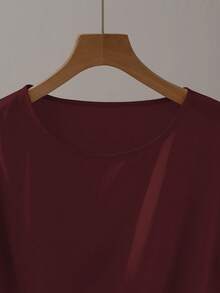 Franclia Blus Elegan Lengan Pendek Leher Bulat dengan Hiasan Ruffle dan Pita, Warna Khaki, Musim Semi/Panas untuk Wanita - Burgundy - View 4