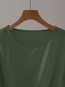 Franclia 优雅短袖圆领荷叶边领结组合卡其色女式衬衫，春夏 - 軍綠色 - 查看 5