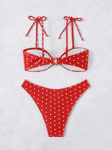 Swim Basics 女士黑白波点印花扭结系带比基尼套装，休闲度假款 - 紅色 - 查看 2