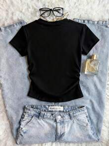 Glimmora 女士圆领亮片花卉图案休闲百搭日常短袖T恤 - 彩色 - 查看 2