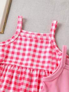 SHEIN Playful Pals 3套嬰幼女童可愛細肩帶背心上衣&短褲套裝 白色夏季度假節日 碎花格紋素色荷葉邊 聚酯纖維套裝 - 彩色 - 查看 6