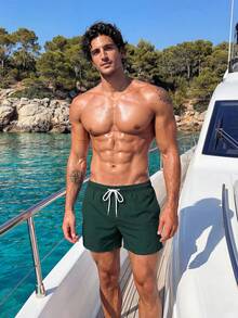 Manfinity Swimmode 男士抽绳腰带休闲沙滩短裤，假日 - 軍綠色 - 查看 5