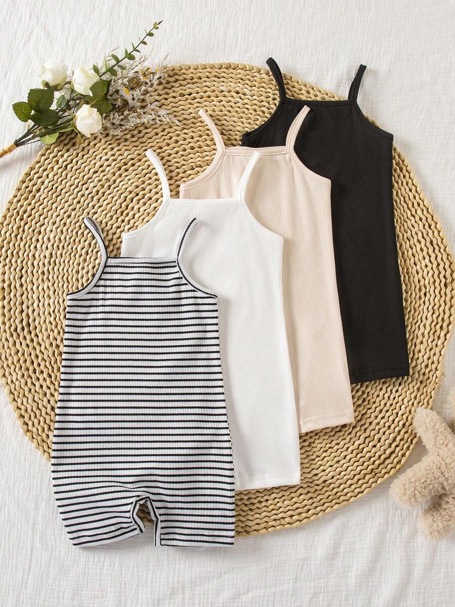 SHEIN Set de 4 piezas de peto informal y cómodo para bebés niñas, adecuado para vacaciones de verano y salidas - Multicolor - Ver 1