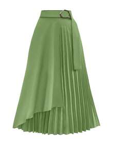Modelyn Fashionable Commuter Solid Color Asymmetrical Patchwork Pleated Skirt - Green - View 4