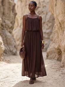 Zivah Summer New Casual Basic Vacation Beach Chiffon Spaghetti Strap Dress - Apricot - Brown - View 6