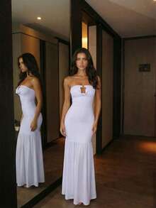 Firerie 女士新款性感浪漫浅紫色深V领弹力网纱荷叶边抹胸连衣裙，优雅适合工作、约会、婚礼季 - 淡紫色 - 查看 5