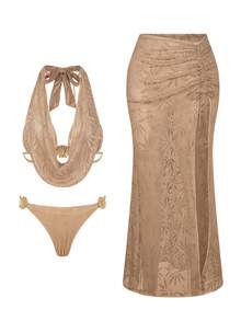 Swim Oasis Bộ bikini cao cấp, thanh lịch, thời trang kèm váy sarong che phủ đi biển, thích hợp cho mùa xuân/hè. - Màu Khaki - Xem 3