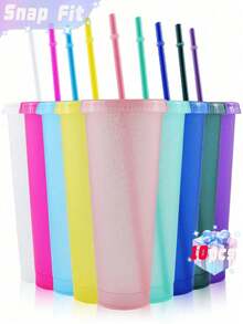 SHEIN 10 件可重复使用杯子带盖和吸管 24 盎司塑料杯冰咖啡杯旅行杯适用于冰沙果汁生日过夜派对用品女孩户外运动水瓶 - 彩色 - 查看 2