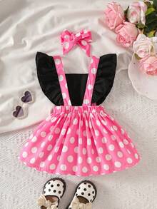 SHEIN Playful Pals 女嬰粉色白色波點夏季可愛生日公主洋裝 荷葉袖蝴蝶結裝飾吊帶派對洋裝 日常出遊拍照穿搭 - 粉色 - 查看 2