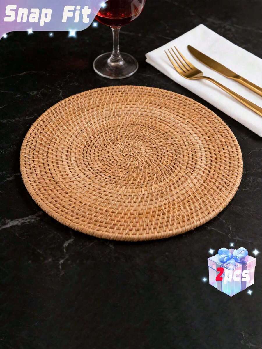 2 PIEZAS Alfombrilla de comedor de ratán hecha a mano, posavasos de té circular simple japonés de color marrón, resistente al calor y aislante, adecuado para mesas de comedor y mesas de café - Marrón - Ver 1