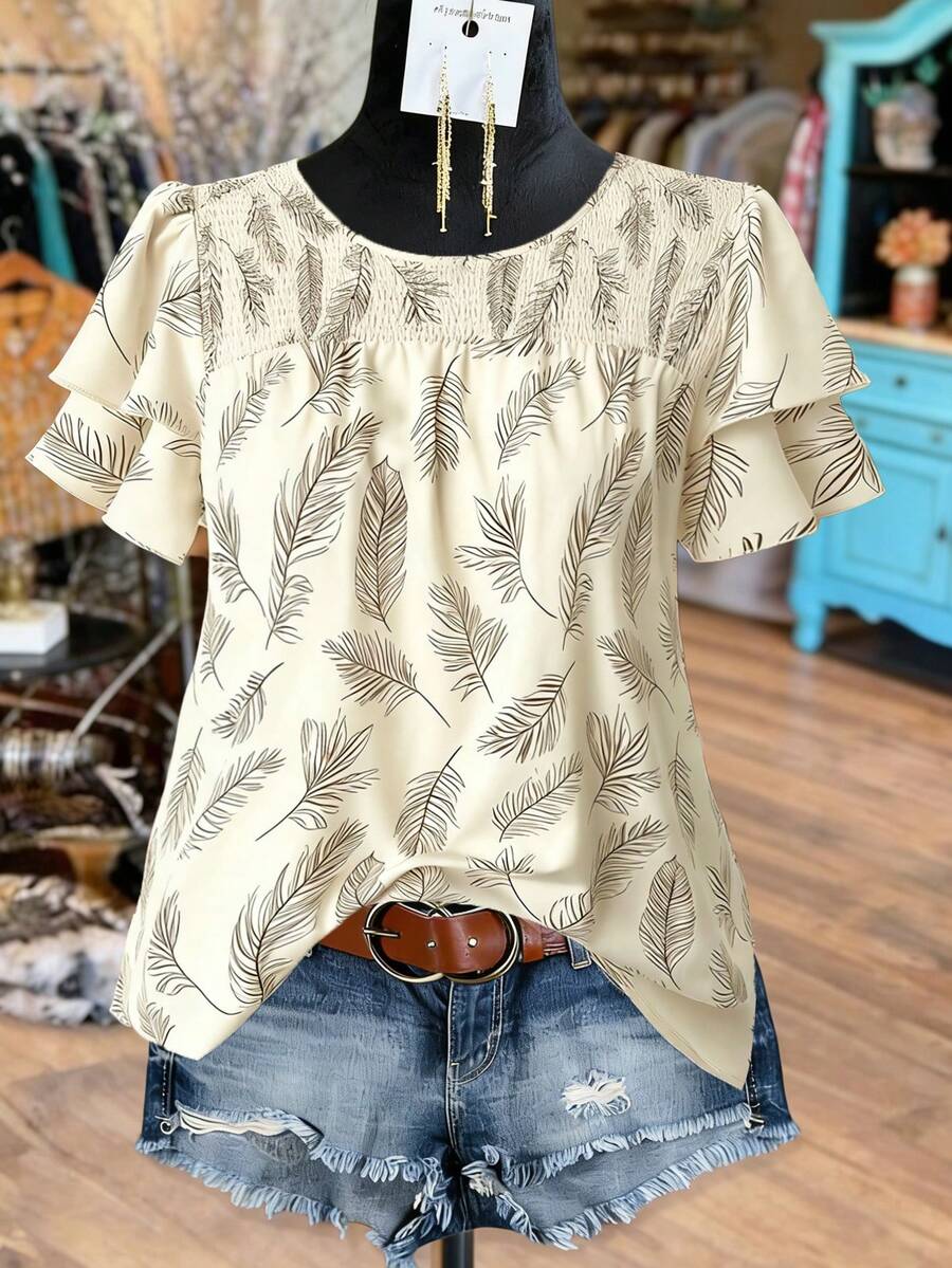 Linhara Blusa casual da donna con stampa botanica a foglie, collo rotondo, doppio strato, maniche corte, adatta per uso casual, elegante, versatile, dolce, per appuntamenti, stile retrò, spiaggia, vacanza. Nuovi arrivi, bluse e top da donna per l'estate. - Multicolore - Visualizzare 1