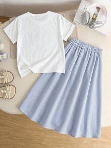 SHEIN Genkimix Kids Girls' Casual Round Neck Short Sleeve T-Shirt With Bowknot Decor & Portrait Graphic + Striped Button Decor Long Skirt Set, Summer - White - View 2
