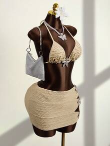 Swim Vcay Conjunto de bikini de 3 piezas para mujer de caliente en 2026: Traje de baño con cuello halter, falda de playa, estilo bohemio elegante y maduro, romántico y sexy para playa y club, primavera/verano, tela jacquard de alta calidad, decoración de estrella de mar plateada, conjunto de ropa de vacaciones para mujer, conjunto de ropa de fiesta de playa, conjunto de ropa de cumpleaños para dama, conjunto de ropa de sesión fotográfica de verano para mujer, conjunto de ropa con conchas marinas, conjunto de ropa de cumpleaños para dama, conjunto de 2 piezas para playa para mujer - Albaricoque - Ver 4