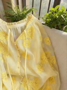 Airaco Women's Floral Embroidery Raglan Sleeve Loose Blouse - Yellow - View 3