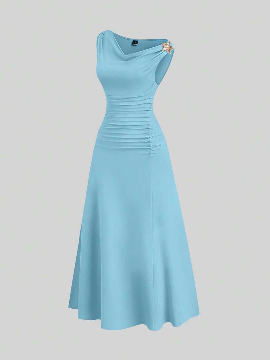 Sweetra Spring/Summer Women's Fashion Black Knit Casual Ruched Fitted Elegant Commuter Off-Shoulder Two-Way Dress With Metal Buckle Decor - Blue - View 1