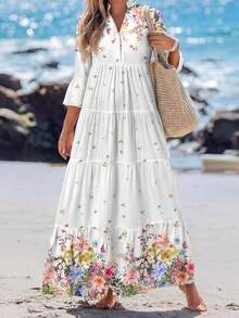 Sylviya 女士V领褶皱长袖连衣裙，适合秋冬季节穿着，波西米亚风休闲连衣裙，适合夏季穿着。 - 彩色 - 查看 1