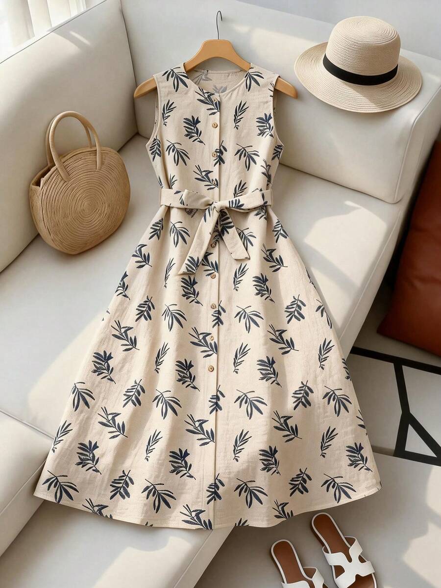 SHEIN Franclia Đầm nữ cổ tròn không tay in họa tiết thực vật, cài cúc phía trước. - Màu be - Xem 1