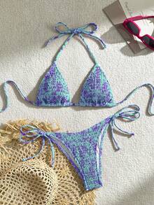 Swim Vcay Women's Summer Beach Contrast Color Halter Tie Sexy Bikini And Triangle Panty Swimwear Set - Multicolor - View 1