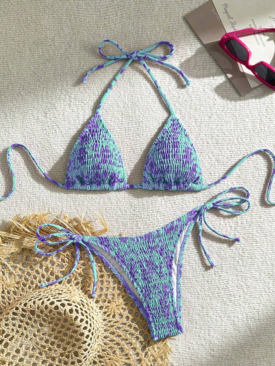 Swim Vcay Women's Summer Beach Contrast Color Halter Tie Sexy Bikini And Triangle Panty Swimwear Set - Multicolor - View 1