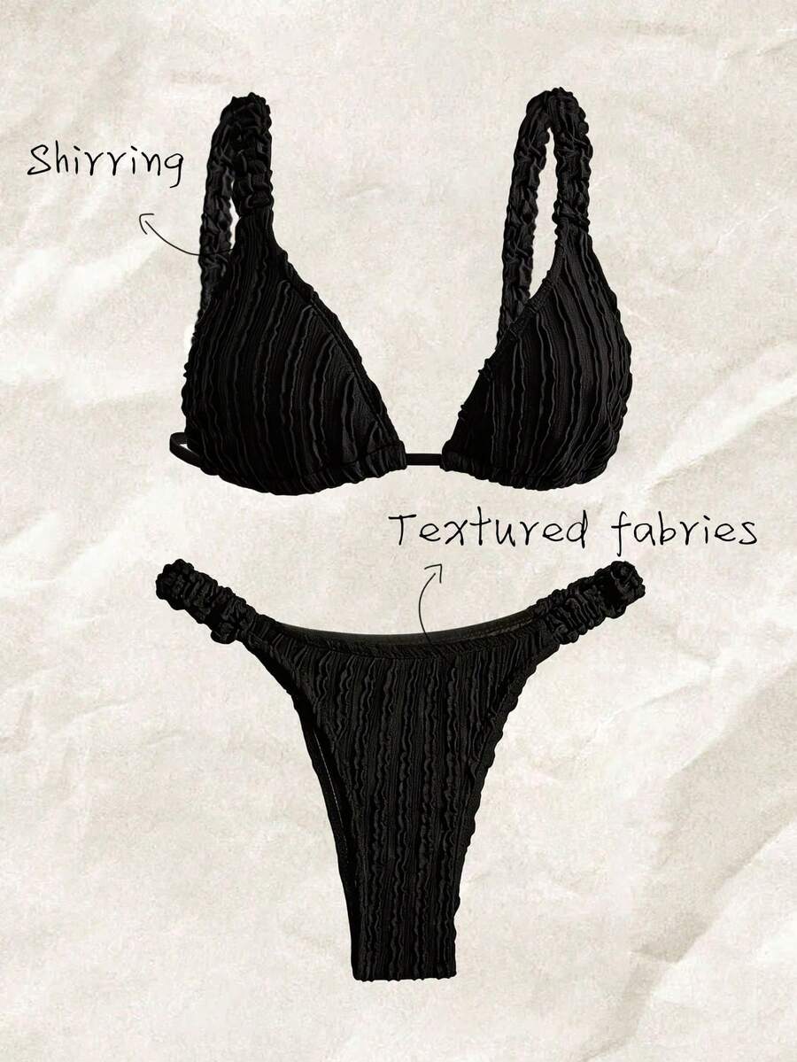 Elavelle Bộ bikini họa tiết trơn màu cho nữ, hồ bơi nghỉ dưỡng bãi biển mùa hè - màu đen - Xem 1