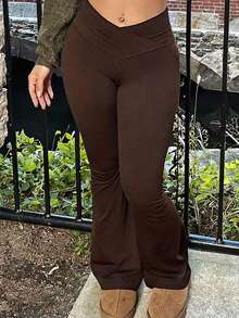 EMERY ROSE Quần legging dài đến mắt cá chân dáng loe, cạp cao, thiết kế đan chéo, dành cho nữ cỡ lớn, màu nâu. - Cà phê nâu - Xem 1