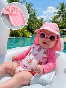 SHEIN Baby Girl Bear Pattern Color Block Long Sleeve Rash Guard Swimsuit With Hat Set, Long Sleeve Swimwear For Baby Girls, Suitable For Summer, Beach, Swimming - Pink - View 2