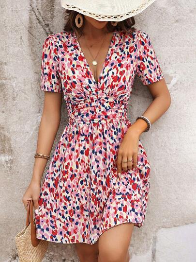 SHEIN Frenchy Women's Deep V-Neck Allover Print Ruched Casual Mini Dress,Summer Dresses For Women