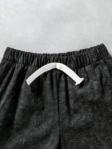 SHEIN Coolqubz 男童休闲纯色T恤+短裤两件套，适合日常穿着、上学、旅行、夏季户外活动 - 黑色 - 查看 6