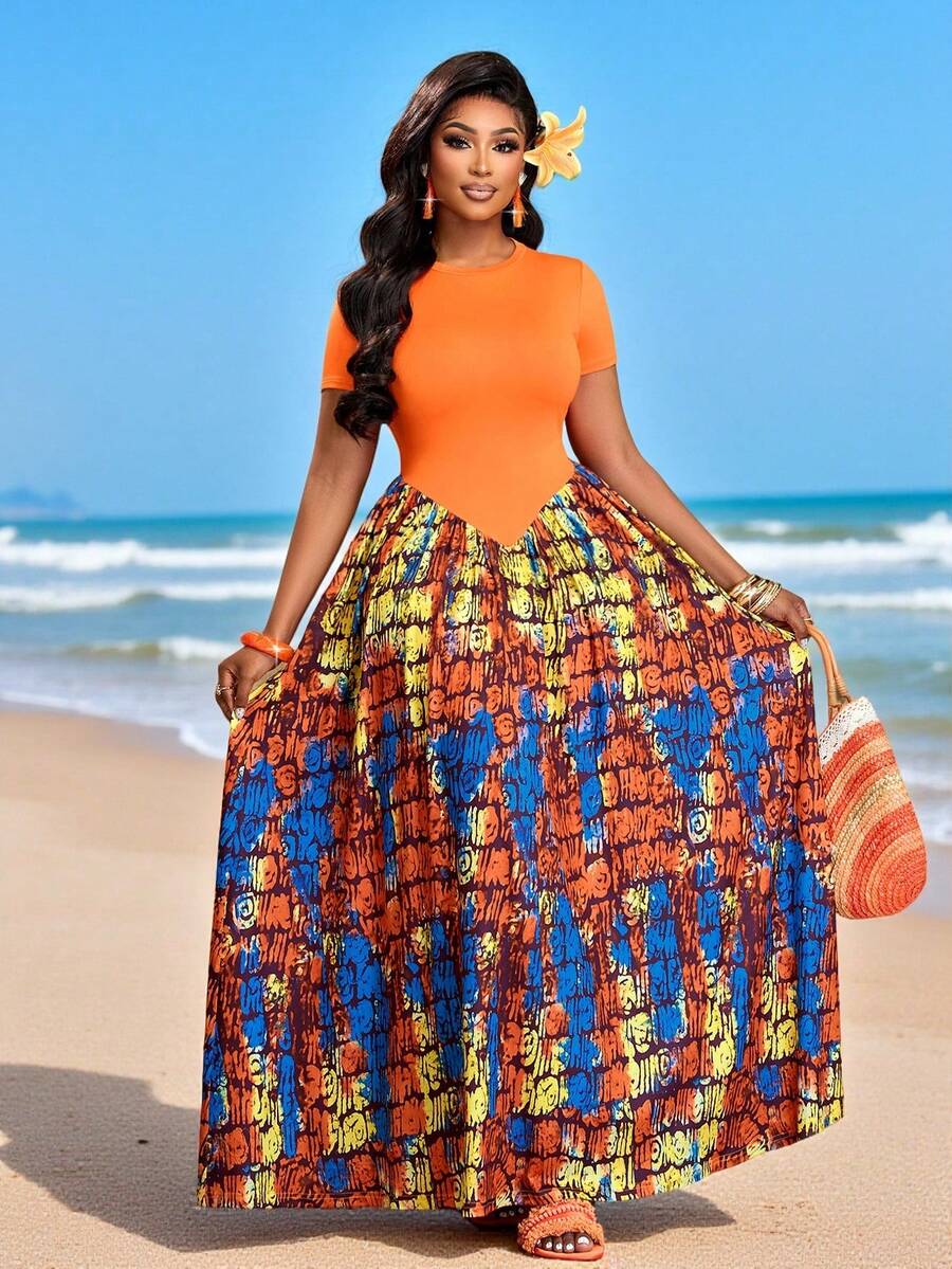 Brilight Đầm dài màu cam thanh lịch dành cho nữ, thích hợp cho Ngày Valentine, Kỳ nghỉ, Buổi tối đi chơi, Đầm mùa hè dáng ôm, kiểu dáng mới, lựa chọn hoàn hảo cho kỳ nghỉ/tiệc tùng, họa tiết trừu tượng dưới ánh sáng cam. - trái cam - Xem 1