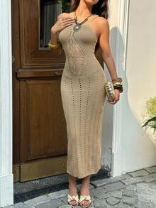 Sunnyshic Đầm ôm sát không tay khoét eo gợi cảm dành cho nữ, đầm len dệt kim thích hợp cho bãi biển và mùa hè. - Màu Khaki - Xem 5
