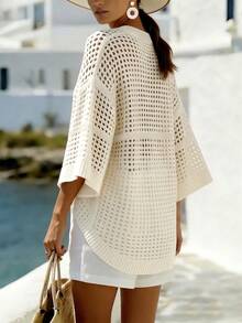 Balvessa Áo khoác cardigan nữ mỏng, không tay, cổ chữ V, chất liệu lưới rỗng, cài một hàng cúc, dáng rộng, thoải mái, thích hợp mặc thường ngày. - Màu be - Xem 2