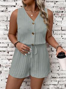 EMERY ROSE Plus Size Women V-Neck Casual Everyday Romper - Grey - View 4