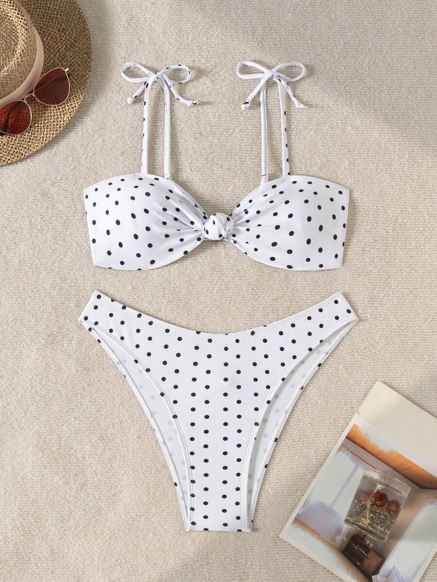 Swim Basics 女士黑白波点印花扭结系带比基尼套装,休闲度假款 - 白色 - 查看 1