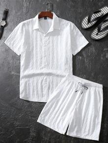 Manfinity Homme Men's White Summer Casual Vacation Holiday 2 Pieces Set,Solid Color Textured Short Sleeve Button Up Shirt And Drawstring Shorts,Linen Resort Wear - White - View 5