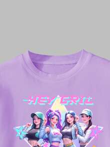 2件套 女童偶像团体印花上衣 + 星星数码印花工装裤，女童短袖T恤和直筒工装裤套装，街头休闲舒适时尚，适合所有季节，紫色T恤 KPOP 女巫猎人 - 彩色 - 查看 6