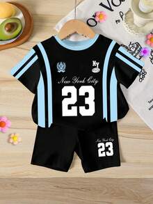 SHEIN Baby Girls 2-Piece Set, Colorblock Striped, Letter & Number 23 Print Loose Round Neck Short Sleeve T-Shirt And Matching Fitted Bike Shorts Set, Suitable For Spring/Summer, Casual, Weekend, Cute Summer Outfit For Baby Girls, Korean Style, Summer Outerwear, Baby Girls Summer Clothes, Baby Girls Sports Set - Multicolor - View 2