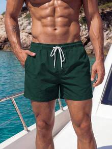 Manfinity Swimmode 男士抽绳腰带休闲沙滩短裤，假日 - 軍綠色 - 查看 4