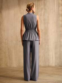 MOTF PREMIUM SPRING & SUMMER COMMUTING FASHIONABLE VINTAGE LACE-UP V-NECK SLEEVELESS VEST SUIT WITH WIDE-LEG PANTS, 2-PIECES SET FOR WOMEN - Grey - View 3